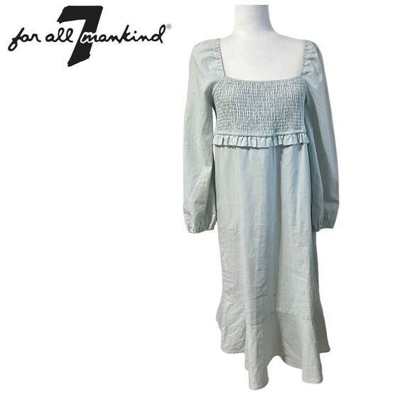 7 For All Mankind Women's Light Blue Linen Smocked Square Neck Midi Dress Large - Picture 2 of 13